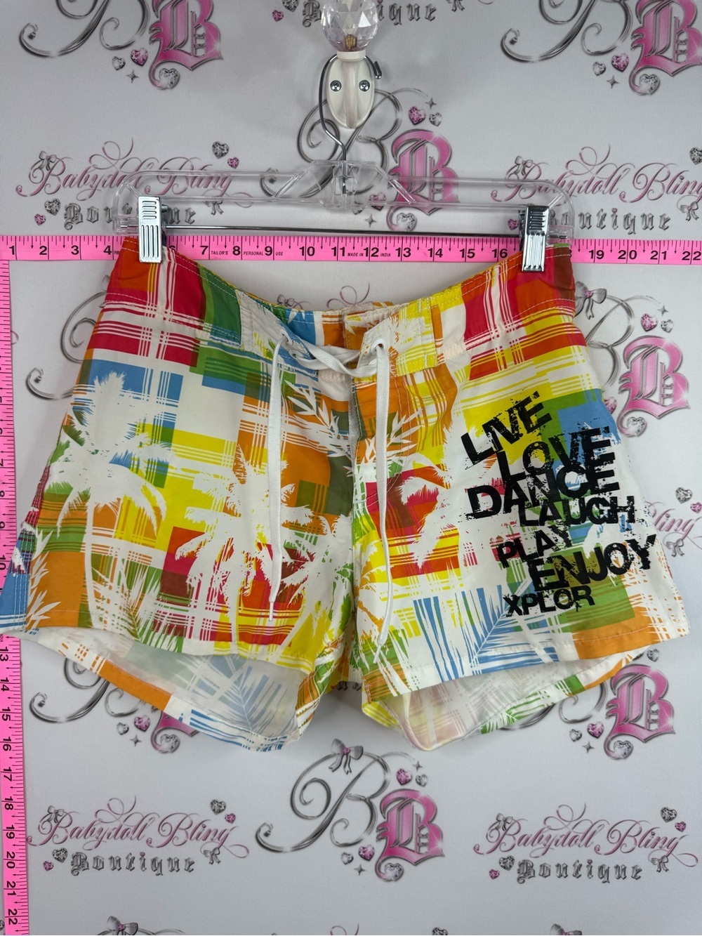 MKS shorts swim Multi-Color Plaid Palm Print Women’s Shorts - Live Love Play